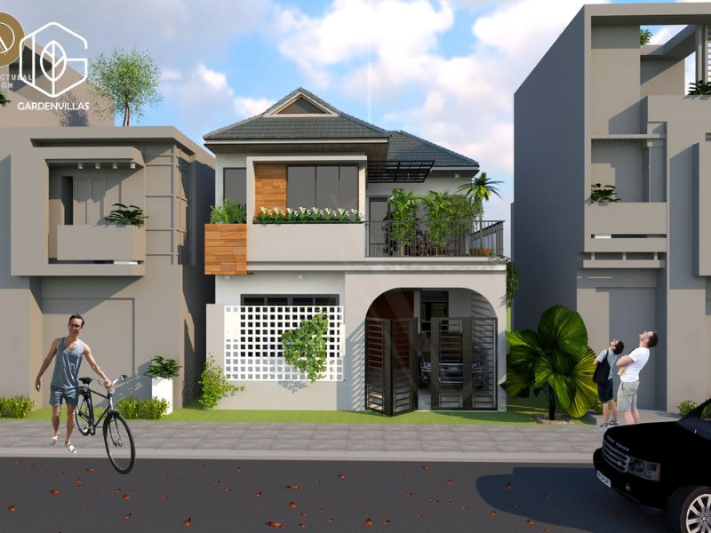 thiết kế nhà vườn 2 tầng hình chữ l